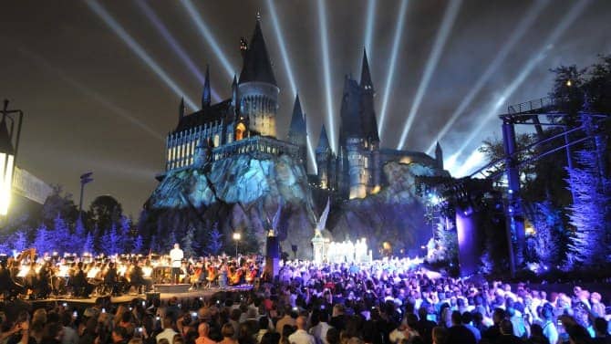 The Wizarding World of Harry Potter at Universal Orlando Resort kicked off its grand opening celebration tonight with help from Harry Potter film stars Daniel Radcliffe, Rupert Grint, Tom Felton, James and Oliver Phelps, Matthew Lewis, Bonnie Wright, Michael Gambon, Warwick Davis. Hundreds of people gathered in front of Hogwarts castle for a spectacular display of fireworks choreographed to a special performance of music from the Harry Potter films conducted live by renowned composer John Williams. The Wizarding World of Harry Potter will officially grand open to the public this Friday, June 18.